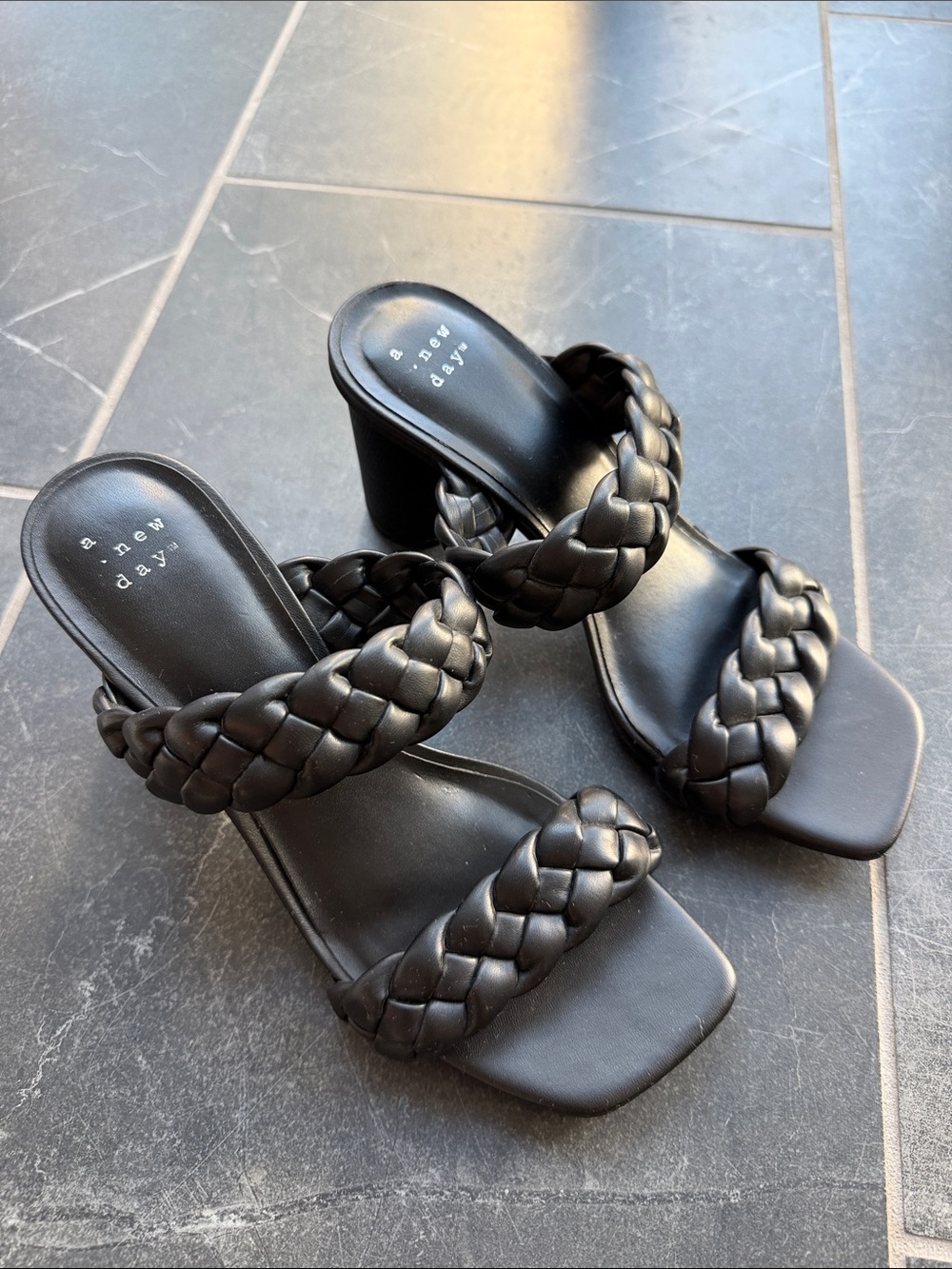 A New Day Black Braided Double Strap Block Heel Sandals | Size 7 | Woven Slides